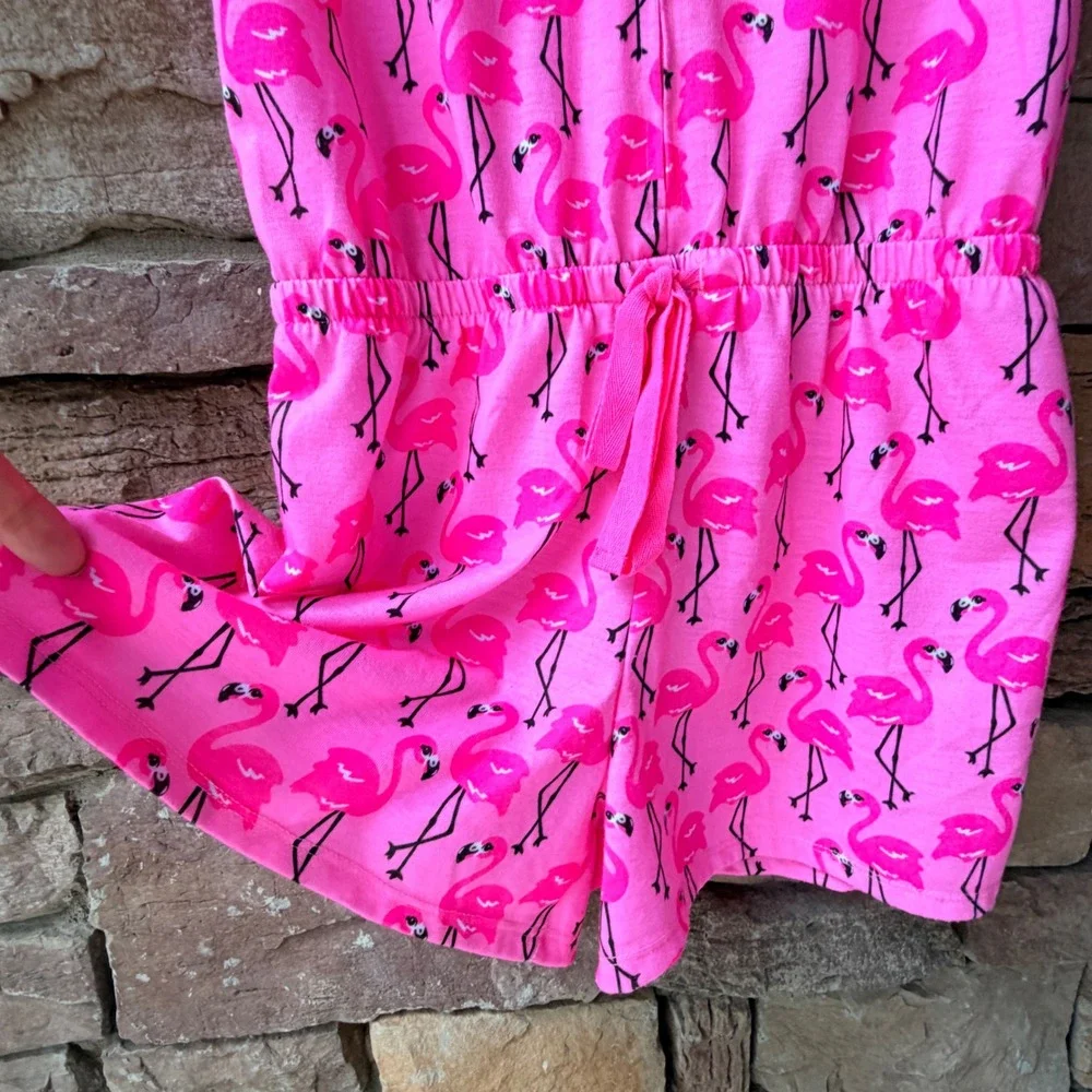 Justice Girls 14/16 Romper Pink Flamingo Hooded Zip Up Sleeveless Animal Novelty